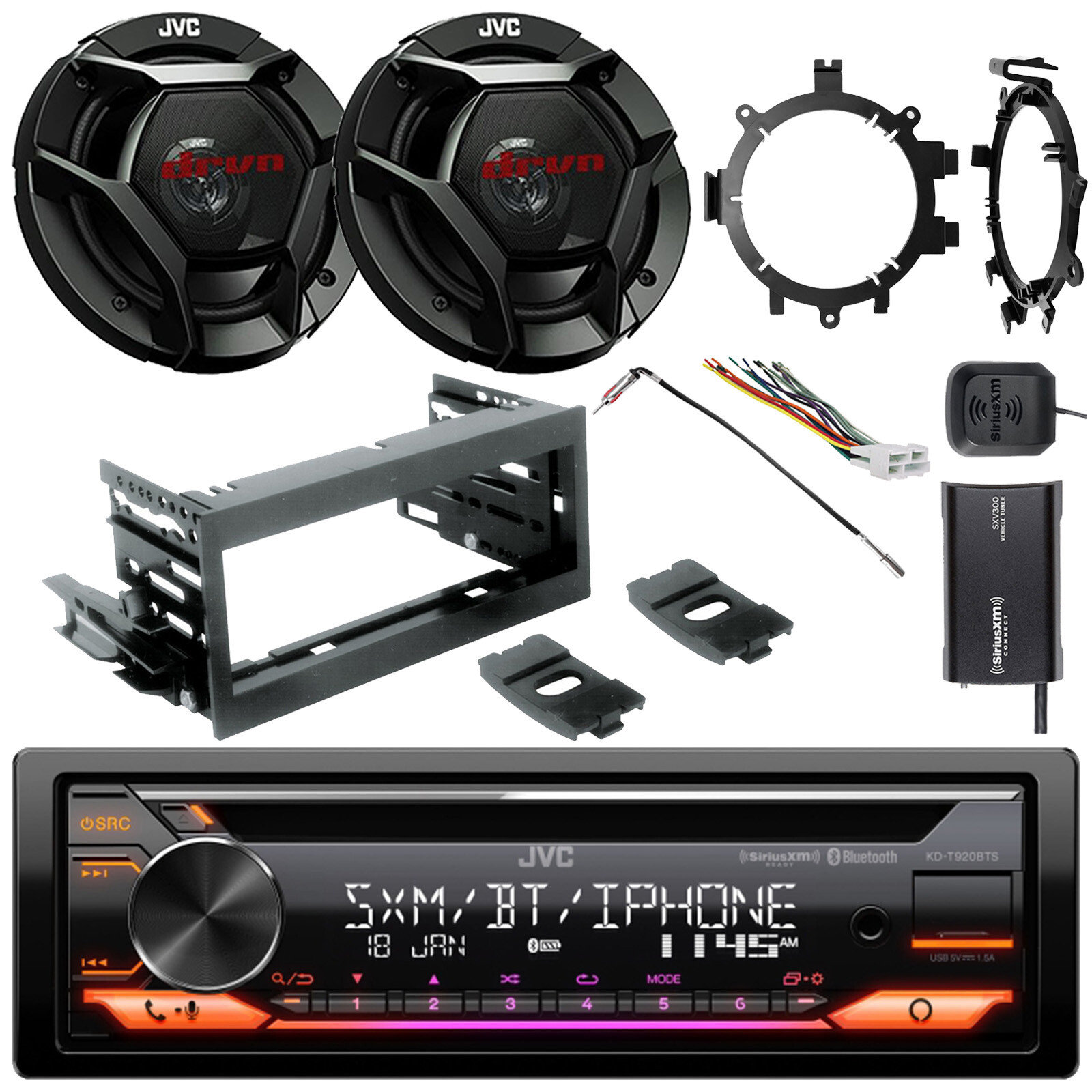 JVC Radio, XM Tuner, Harness, 2x 6.5″ Speakers, Antenna, Adapter, GM Install Kit