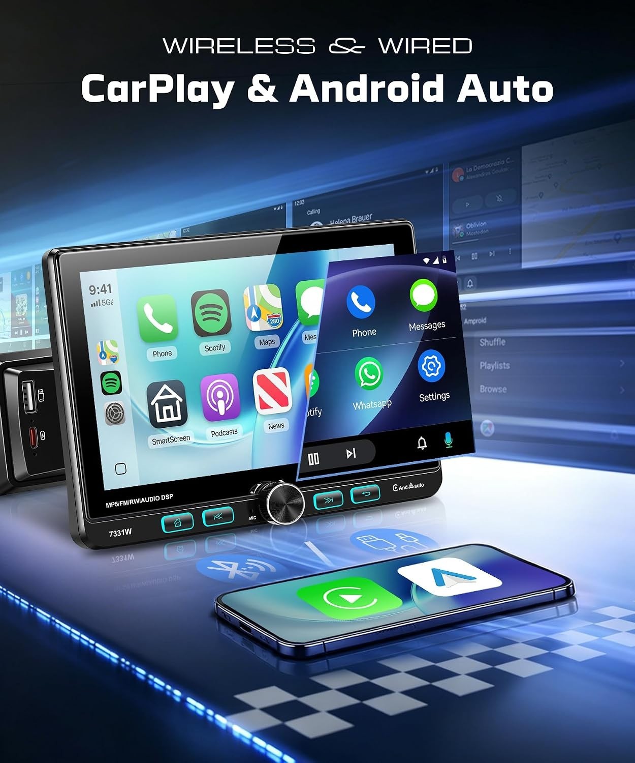 Single DIN Car Stereo 7″ Swivel Touchscreen Wireless CarPlay Android Auto Blueto