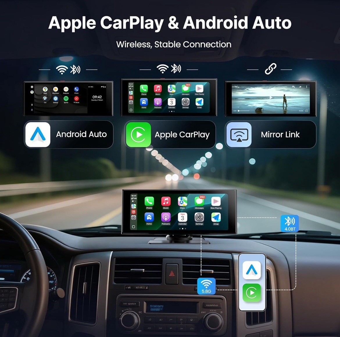 Wireless Car Play Screen, 10.26” Monitor with Apple Carplay & Android Auto