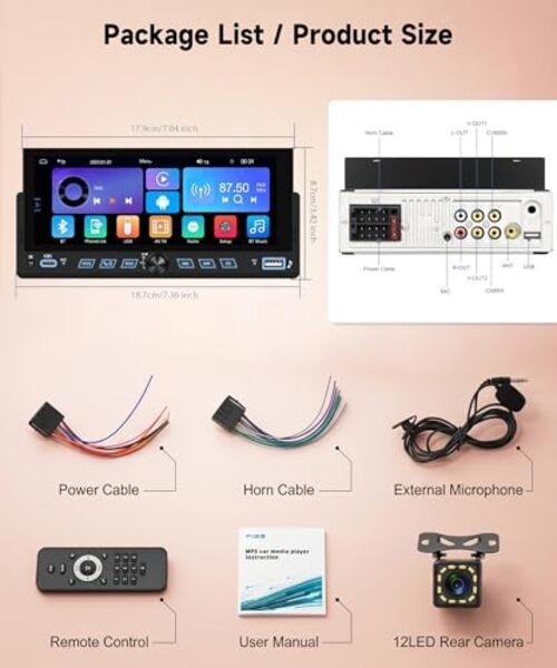 Single Din Car Stereo Wirelsss Carplay Android Auto, 1 Din Head Unit 6.86 Inch