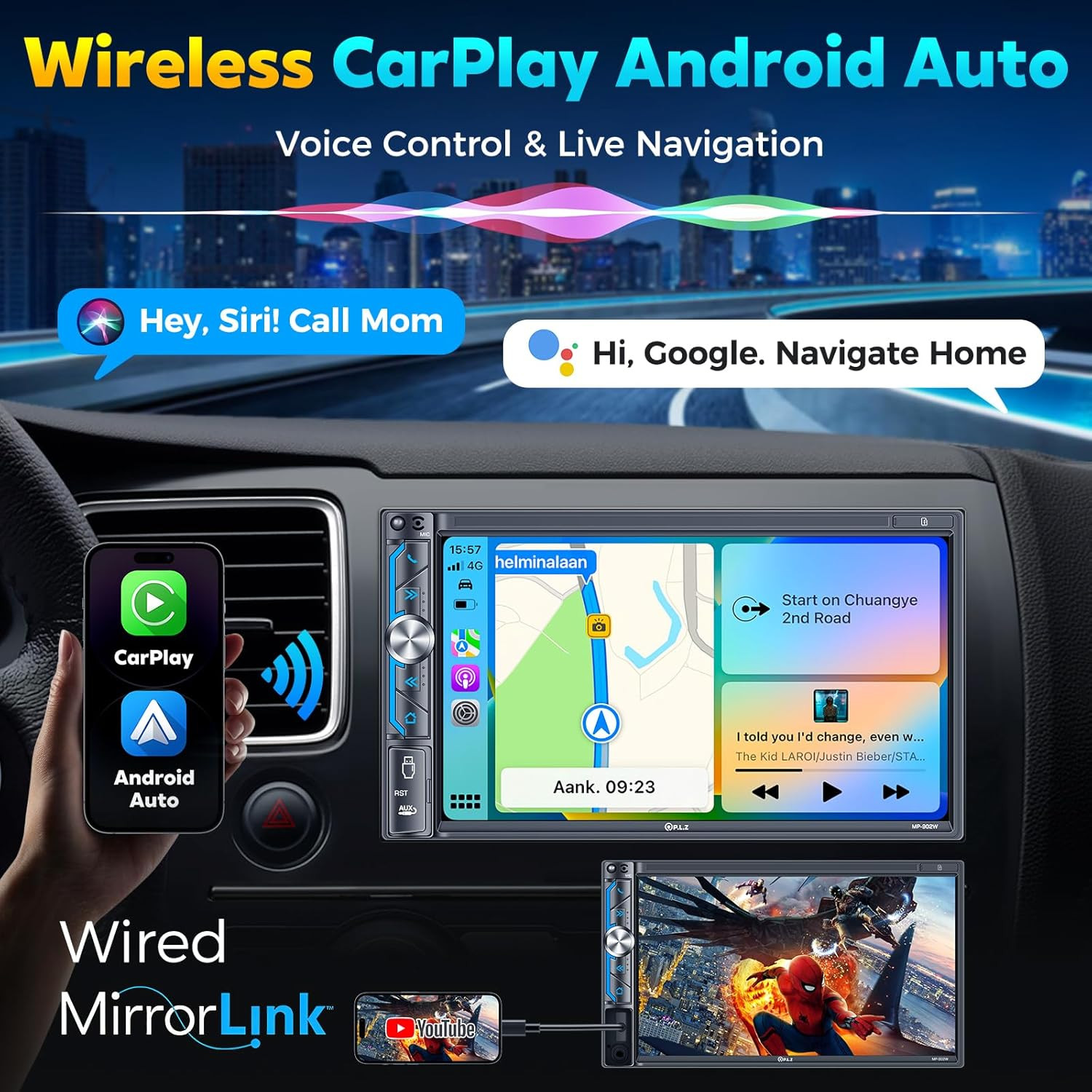 7 Inch Wireless Double Din Car Stereo Apple Carplay Bluetooth 5.3 Screen