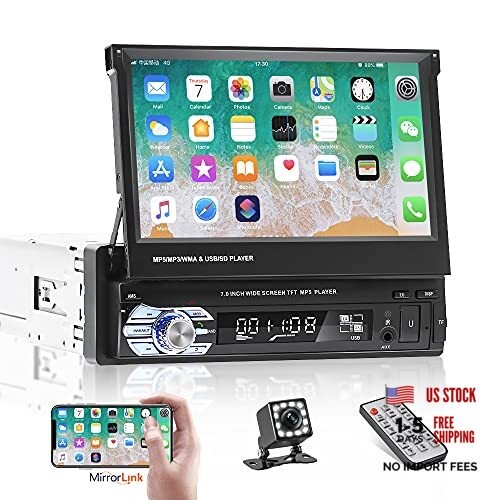 Bluetooth Single Din Car Stereo 7 Inch Retractable Touchscreen with Mirror Link