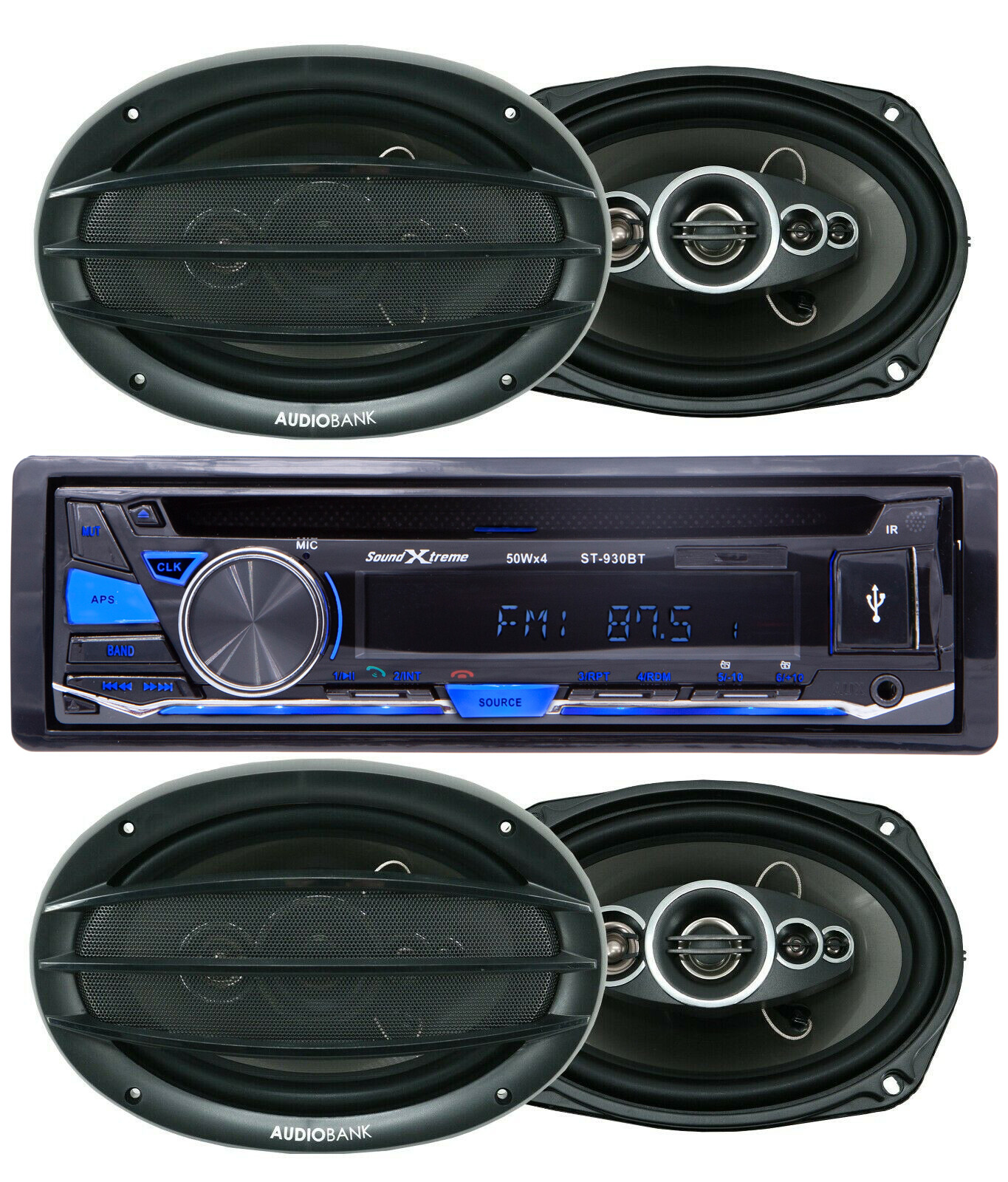 SoundXtreme Car Stereo AM FM USB SD Bluetooth Receiver + 4x 6×9″ Speaker 700W