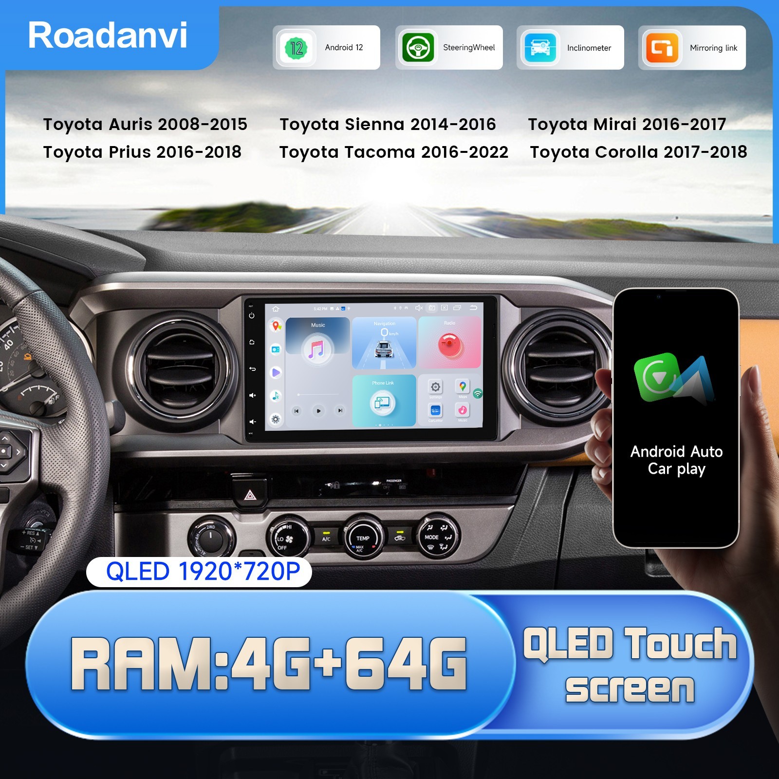 Roadanvi 9″ Car Stereo GPS for Toyota Tacoma 16-22/Corolla 17-18/Sienna 14-16