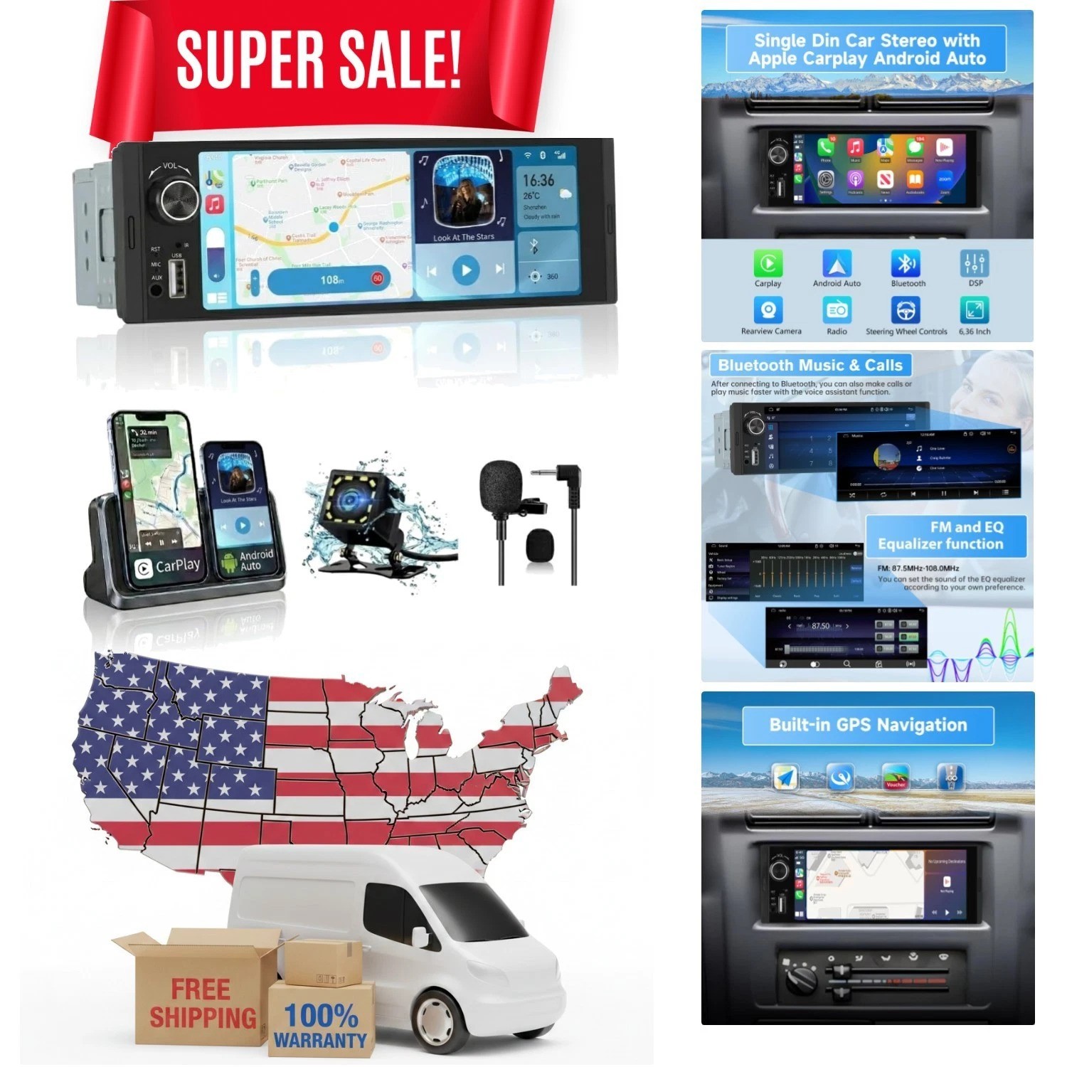 Multi-Function 6.36″ Car Stereo with CarPlay, Android Auto & 720P Night Vision