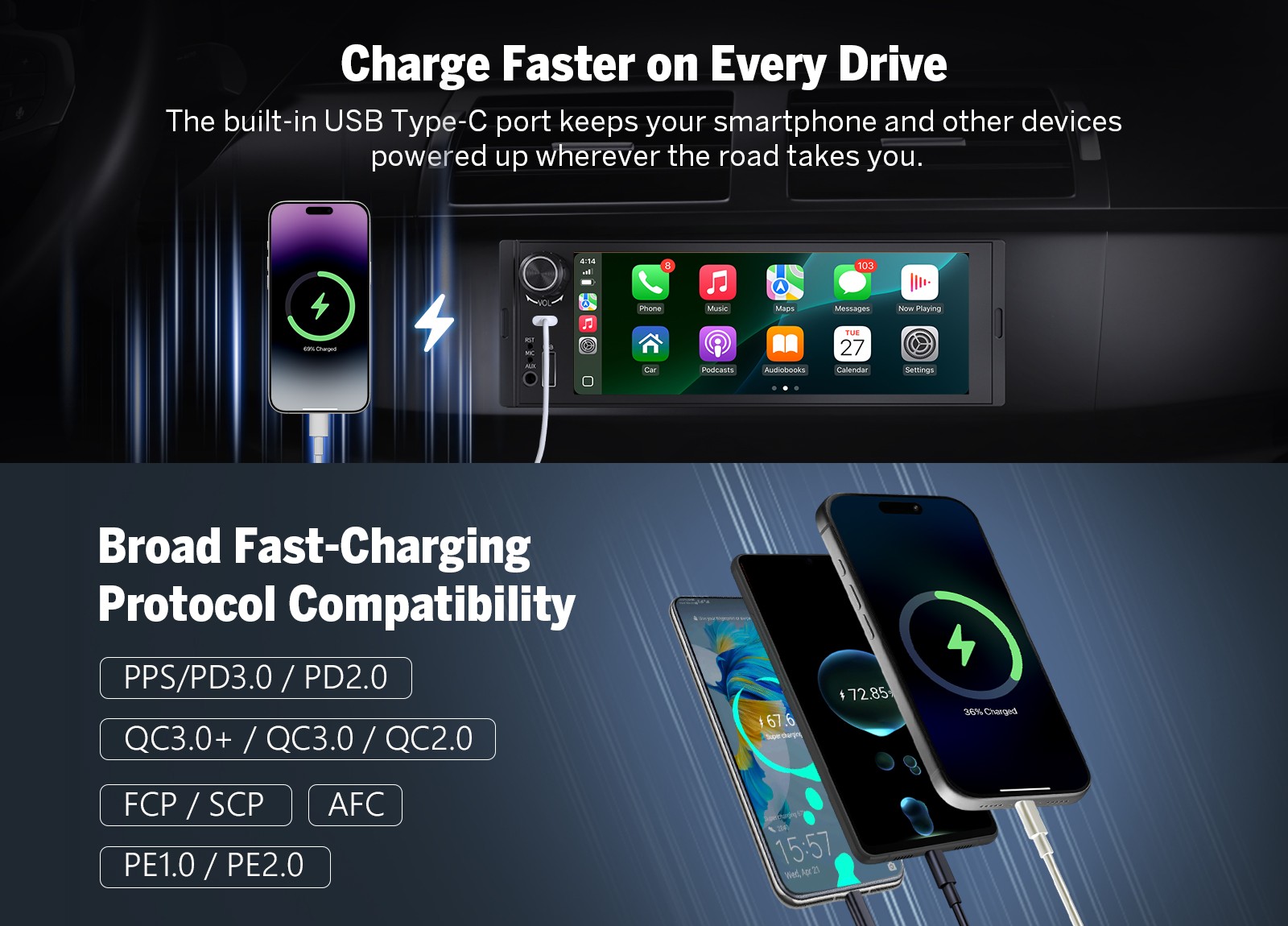 6.28″ Single 1DIN Dash Car Stereo with Apple Carplay Android Auto Radio Camera