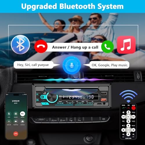Single DIN CD/DVD Car Stereo with Bluetooth Hands-Free Calling, Push-to Black