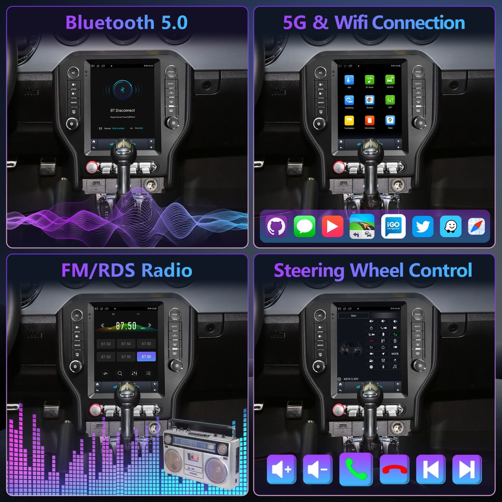 For 2015-2020 Ford Mustang Apple Carplay Car Stereo Radio GPS WIFI with Camera