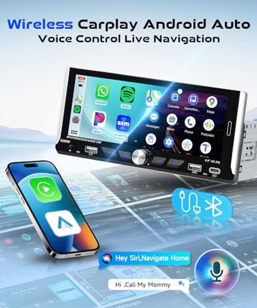 6.9-inch Single Din Car Stereo Wireless Carplay,1280X480P IPS Touch Screen Car