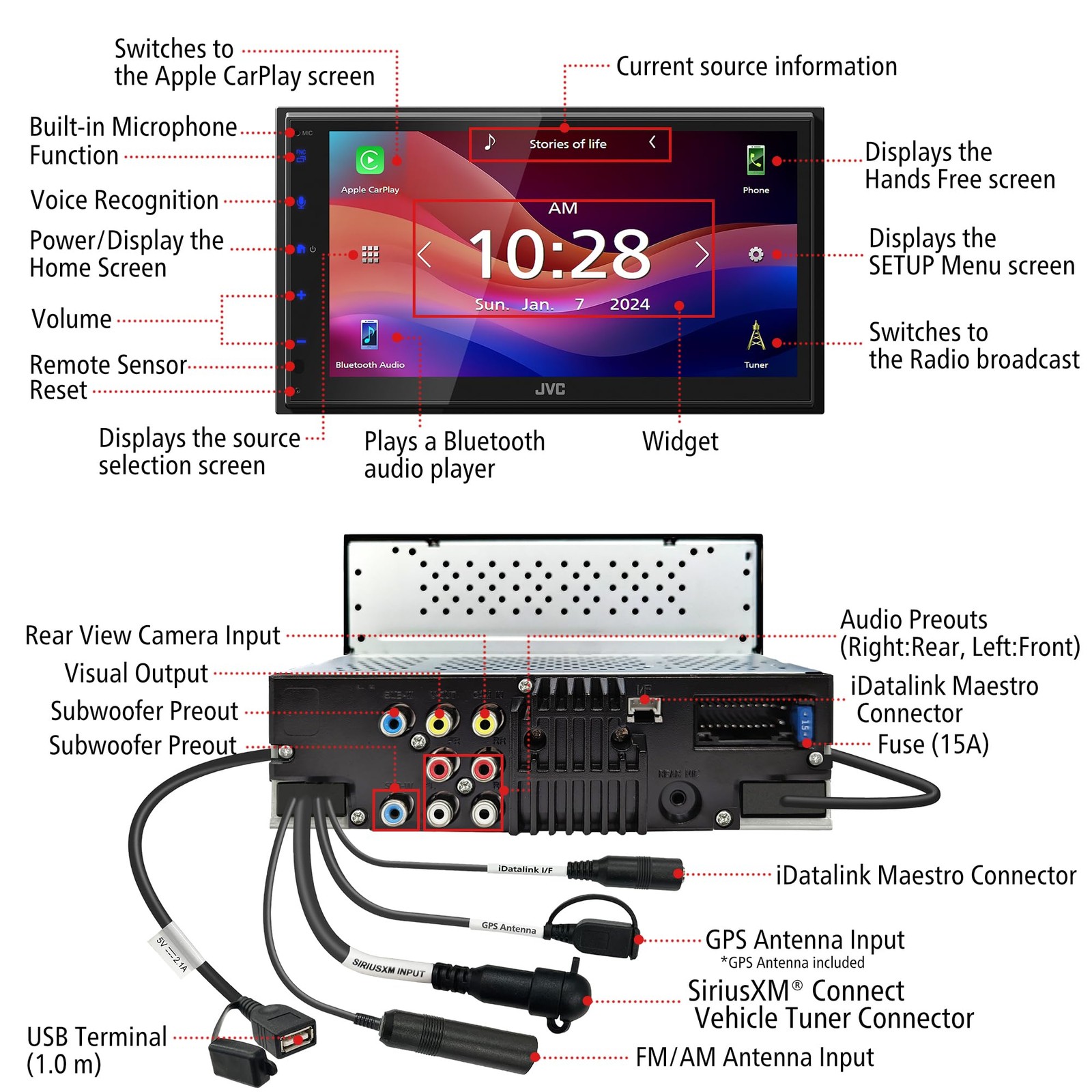 JVC KW-M595BT Digital Car Stereo 50W x 6-Ch, Apple CarPlay, Bluetooth