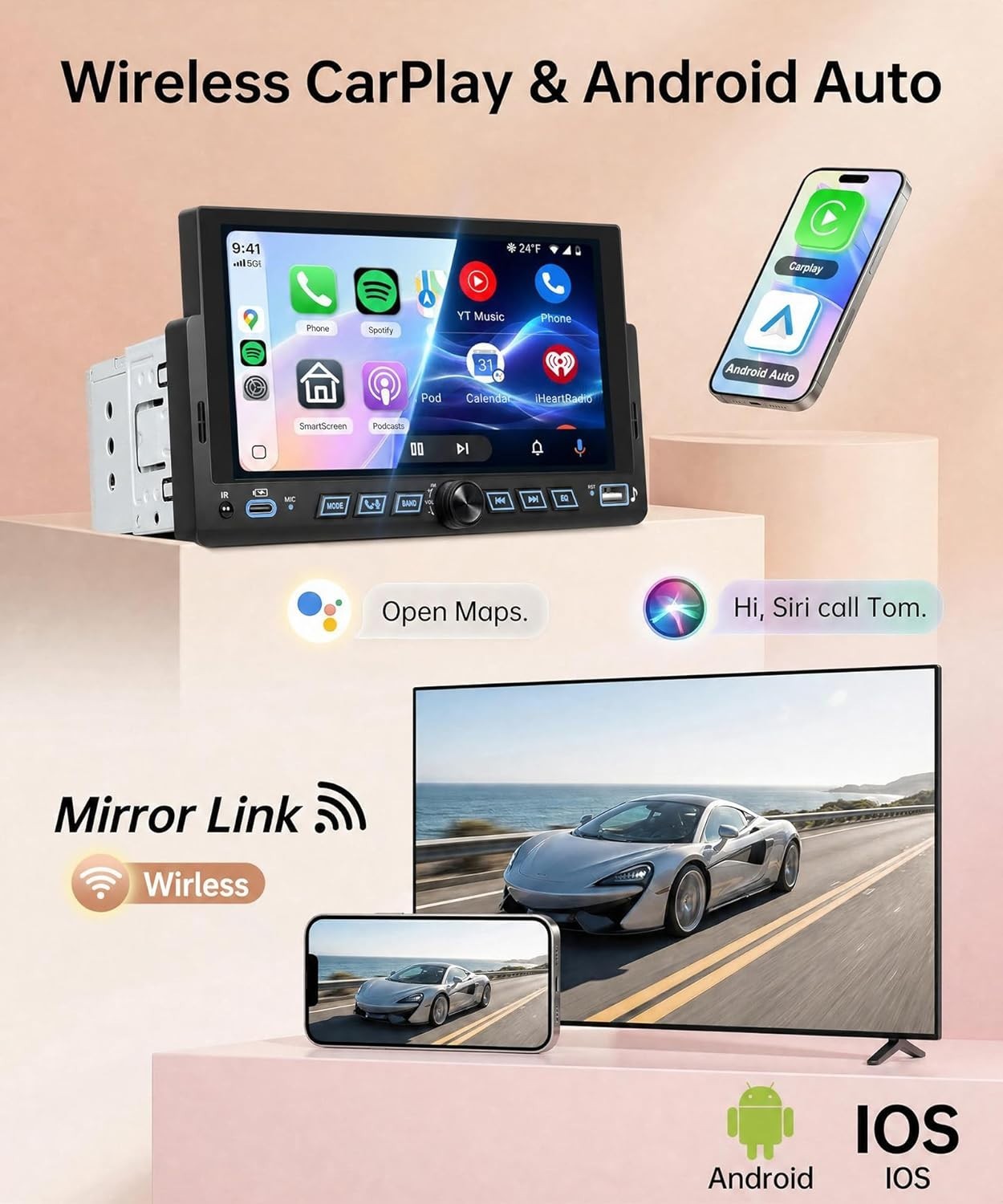 Single Din Car Stereo Wirelsss Carplay Android Auto, 1 Din Head Unit Bluetoot…