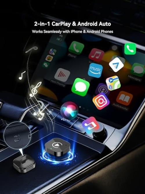 USB-C Wireless CarPlay & Android Auto Adapter with USB-A Converter, Gloss Black