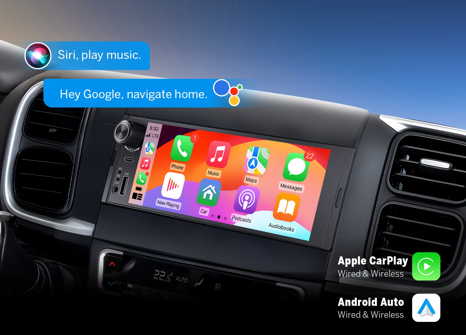 6.28″ Single 1DIN Dash Car Stereo with Apple Carplay Android Auto Radio Camera