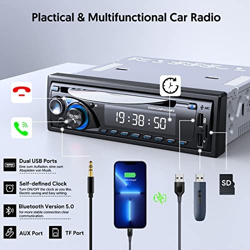 Car Radio Bluetooth with CD DVD Player, Single Din FM/AM Car Stereo Multicolor