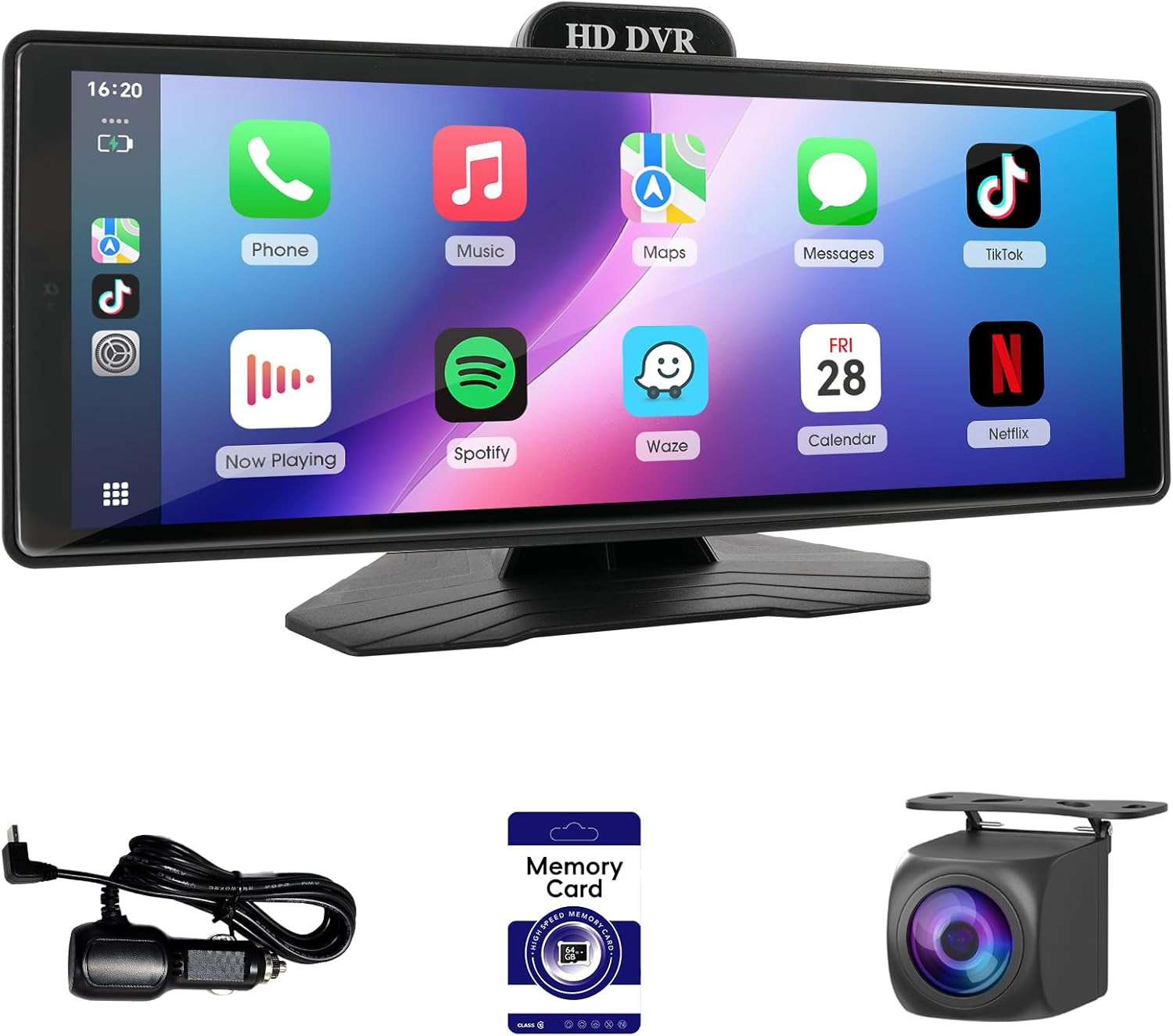 10.26″ Portable Wireless Carplay & Android Auto Display with Dash Cam & Backup C
