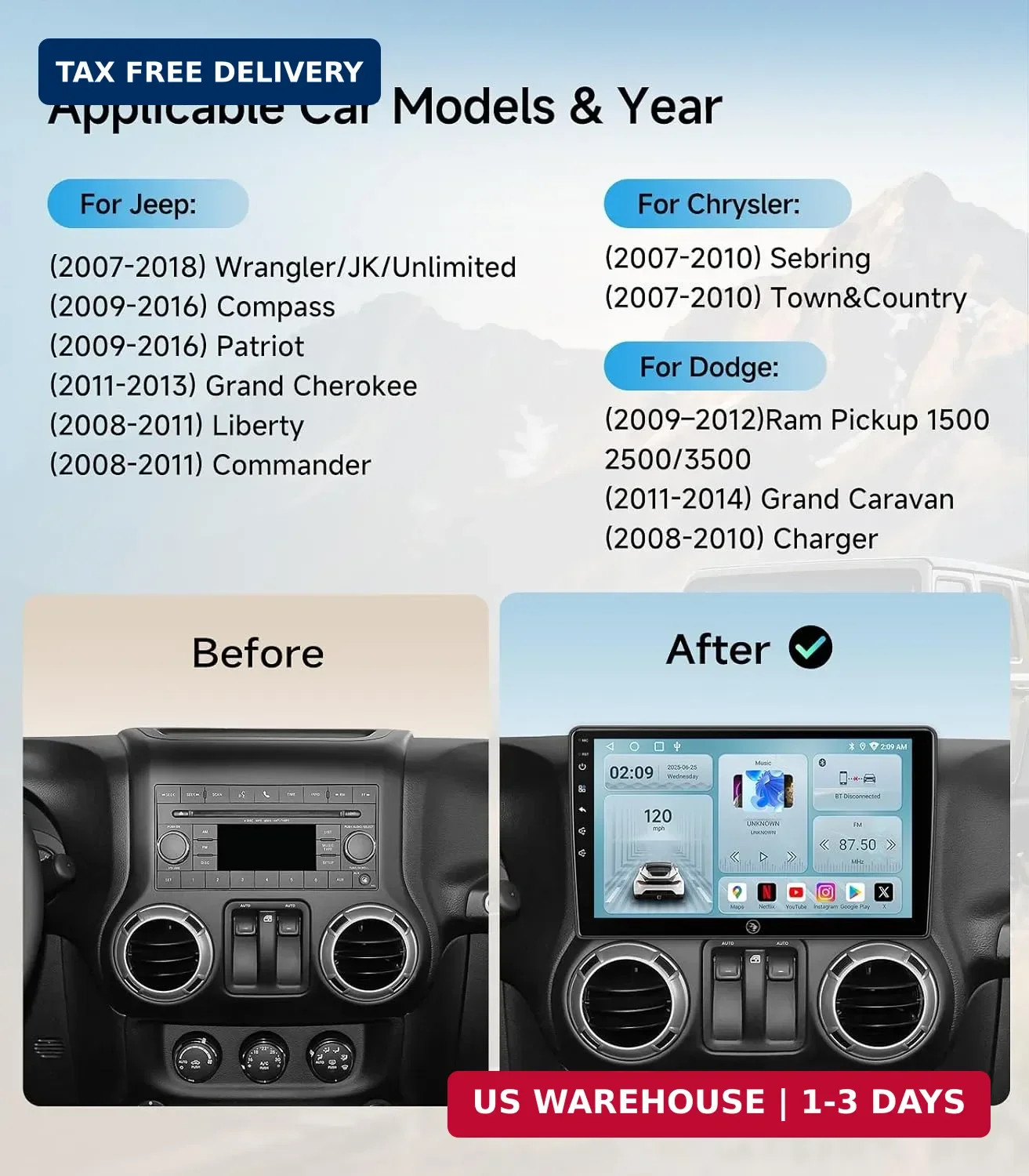 Car Radio for Jeep Wrangler JK Compass Grand Cherokee Dodge Ram Upgrade Stereo W