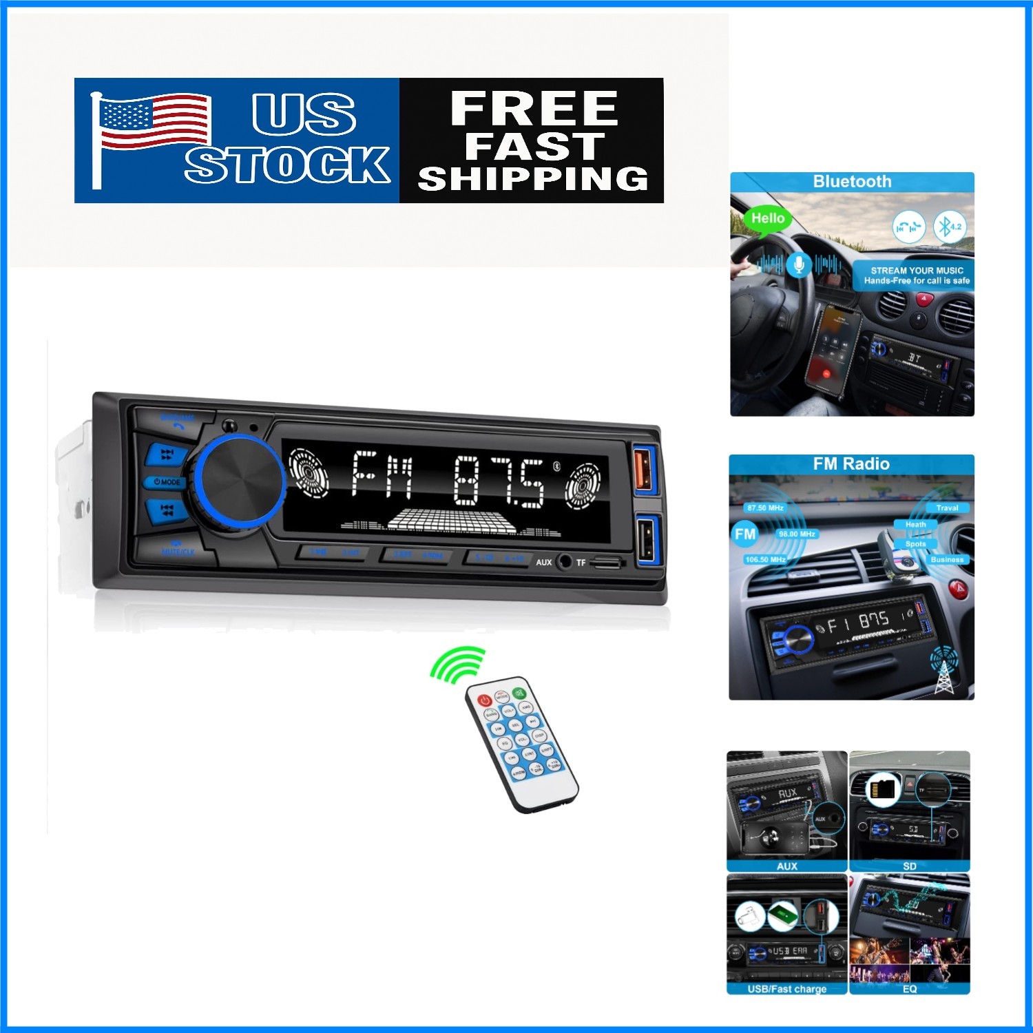 Compact Single DIN Bluetooth Car Audio with Quick Charge & Equalizer – 50W Power