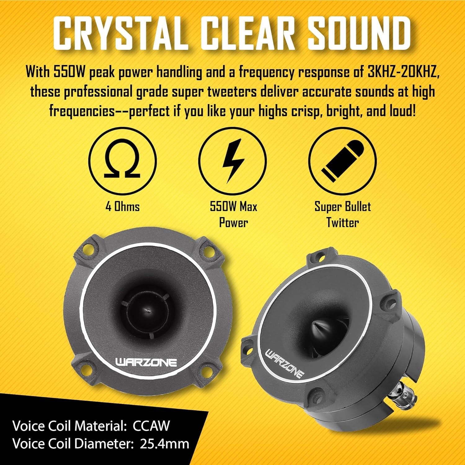 WARZONE 2.93″ Super Tweeter, 4 Ohm, 550W Max, 106dB Sensitivity, Titanium, CCAW