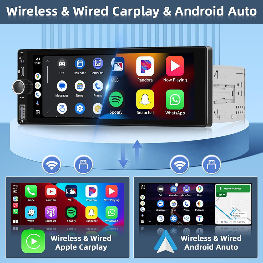 Android 13 Single 1 Din Car Stereo Wireless Apple Carplay/Android Auto Radio 64G