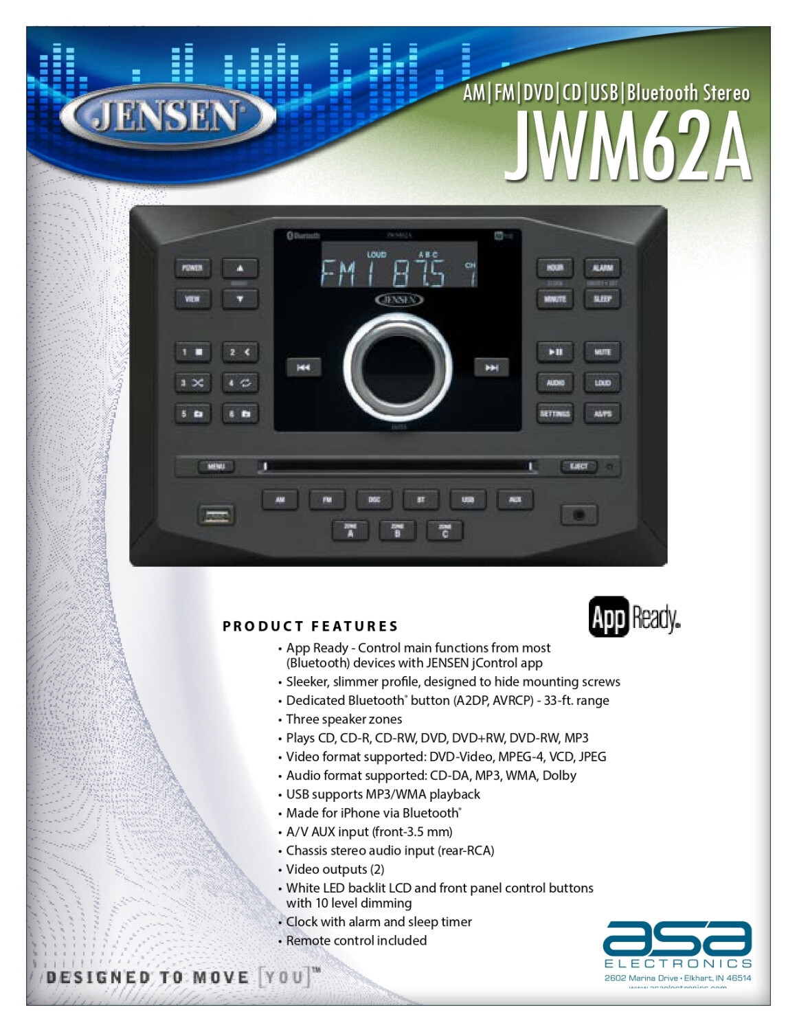 Jensen JWM62A AM/FM/DVD/CD/USB Bluetooth Stereo with App Control