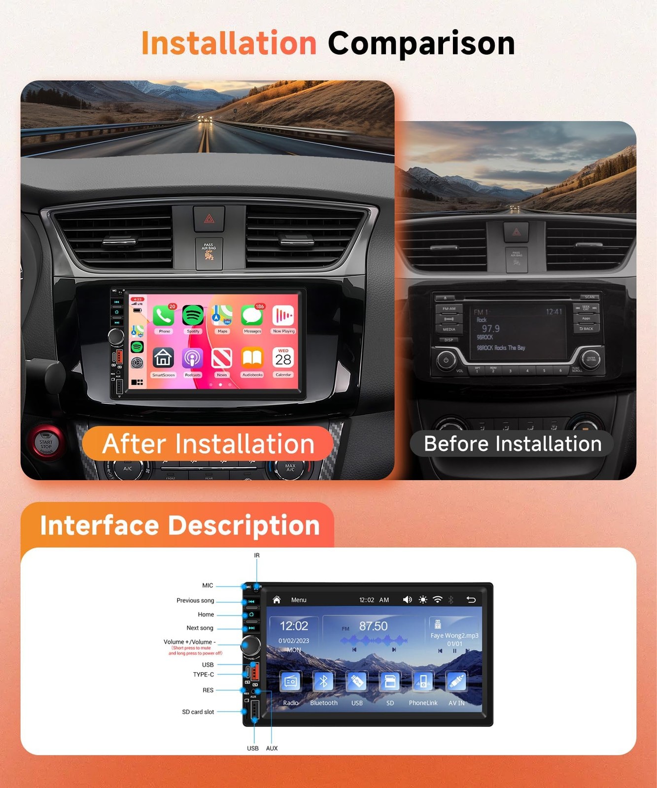 Rimoody Double Din Car Stereo, 7 Inch Touch Screen Wireless Carplay & Android…