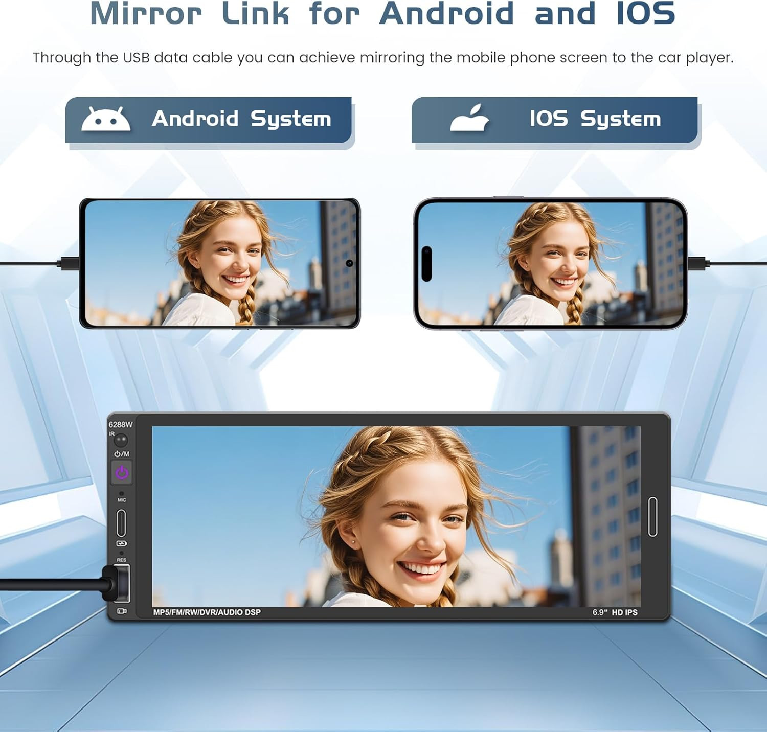 Single Din Car Radio Stereo with Wireless Apple Carplay Android Auto, 6.9″ HD To