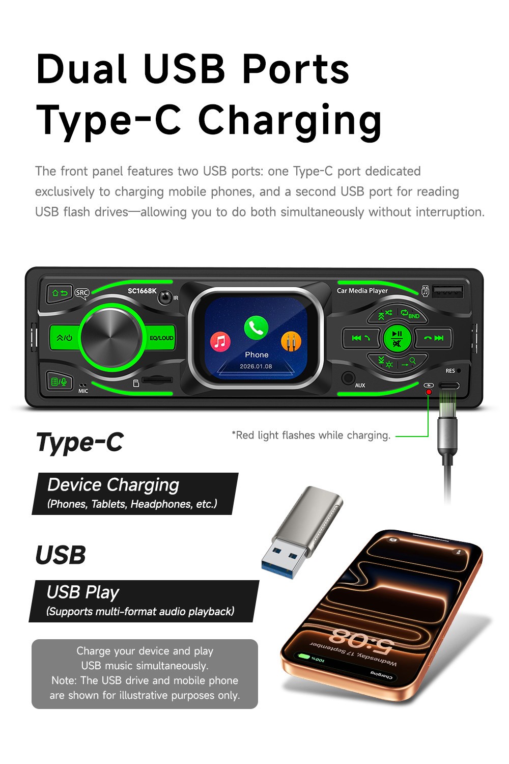 Car MP3 Player Single Din Head Unit FM RCA USB SD AUX HD Screen W/Remote Control