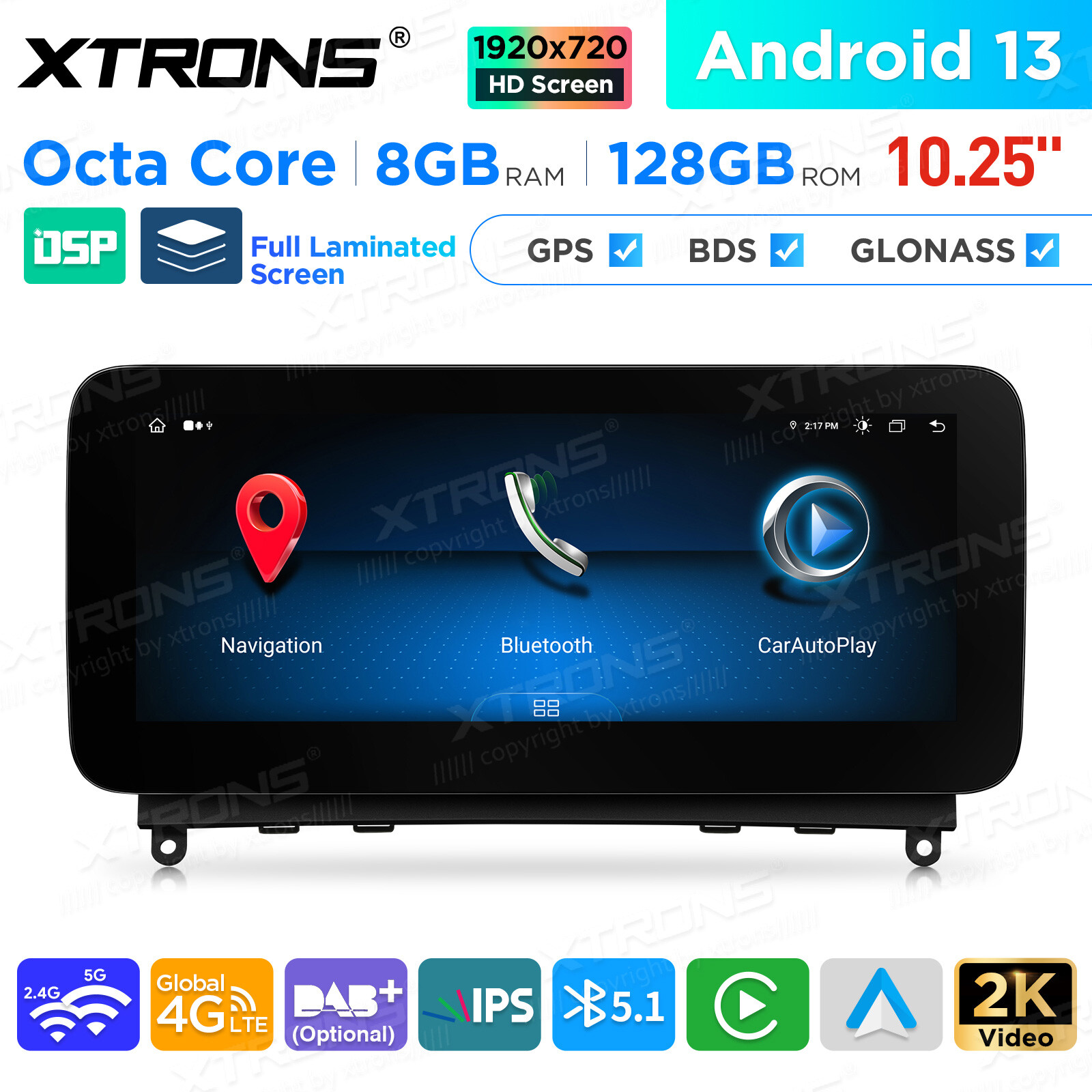 10.25″ HD Android 14 128GB CarPlay GPS Stereo 4G LTE WiFi For Mercedes-Benz W204
