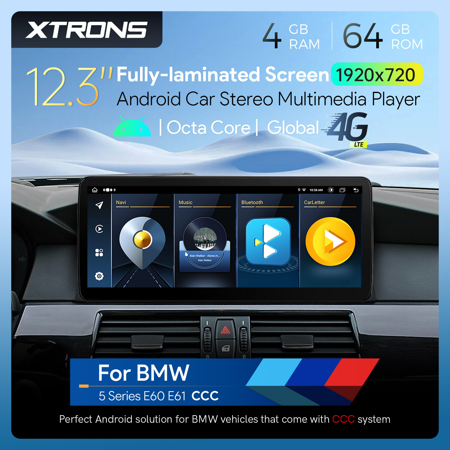 12.3″ IPS Android 13 4G WIFI Car GPS Stereo CarPlay WiFi For BMW 5er E60 E61 CCC