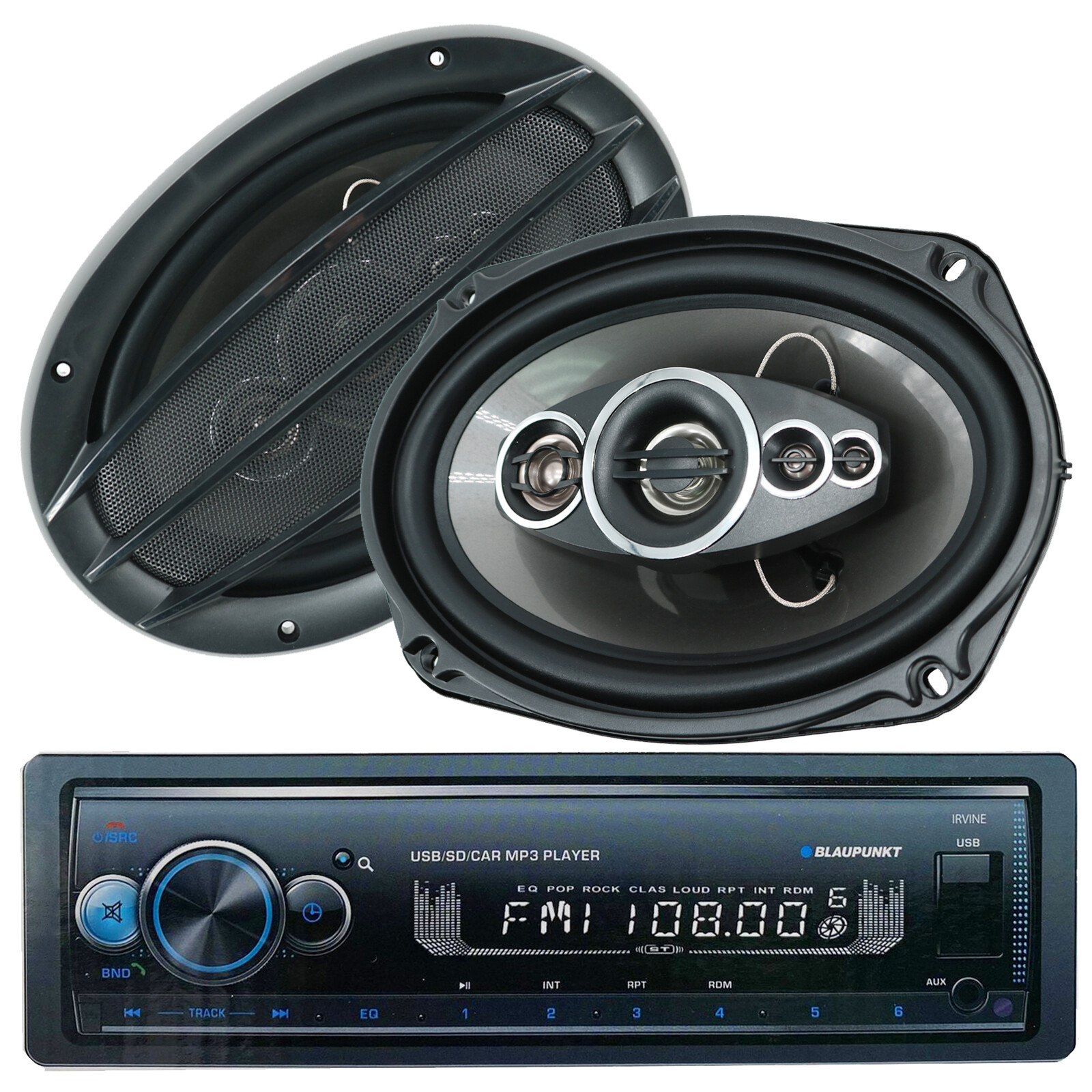 Blaupunkt 1 Din MP3 Receiver USB | Irvine70 + 2x Audiobank AB-690 6″x9″ Speakers