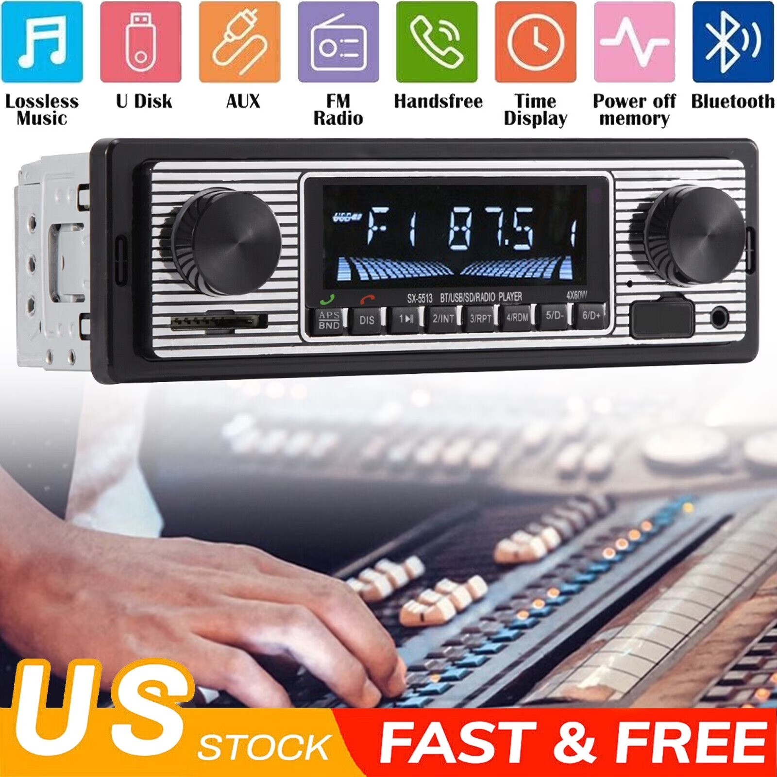 Retro Vintage Classic Single DIN Bluetooth FM Stereo Radio with USB, SD, AUX