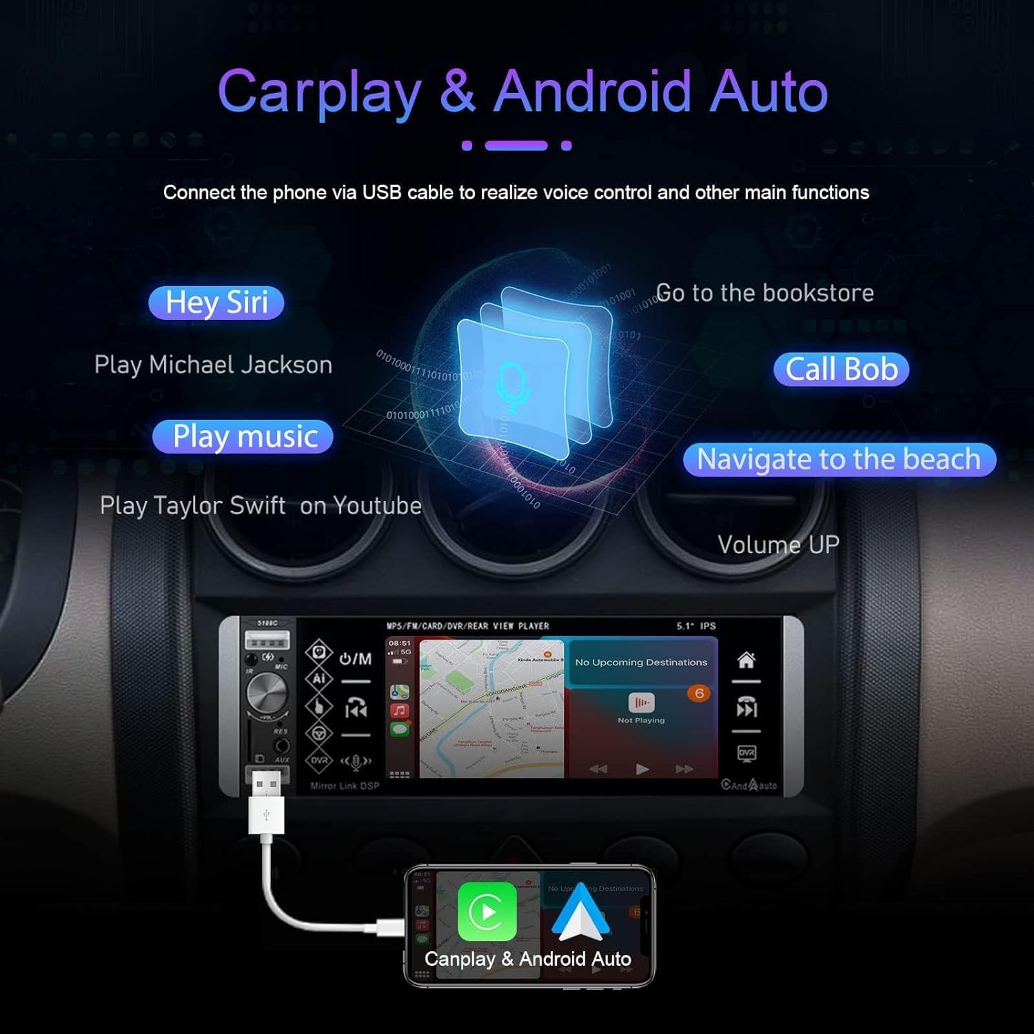 Estereo Radio Bluetooth de un solo DIN Pantalla Tactil Apple Carplay Para Coche
