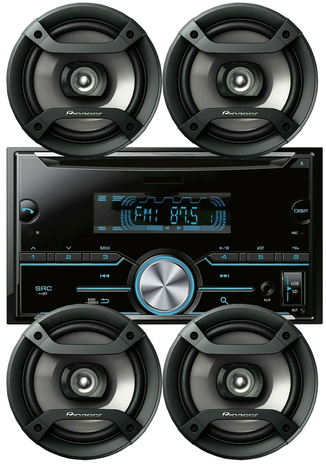 4x Pioneer 6.5″ Speakers + Double DIN CD/MP3 Bluetooth USB SD Car Receiver 75x4w