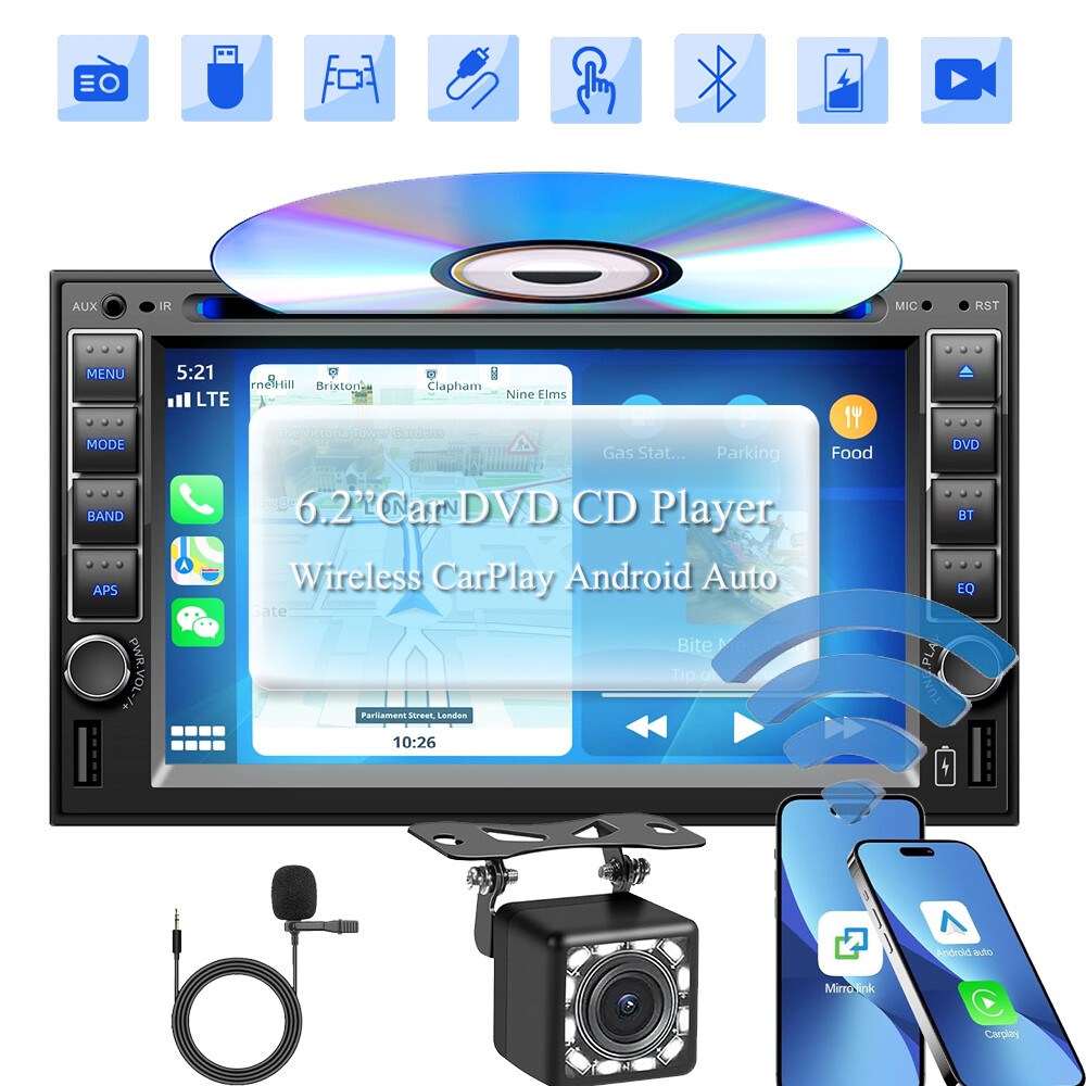 Double 2 Din Car Stereo Radio DVD CD Player Wireless Apple CarPlay Android Auto