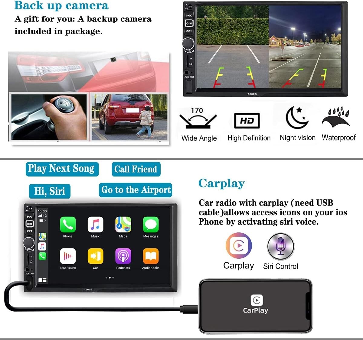 SANPTENT #7660 Double Din Car Stereo Radio 7″ Display works with Apple & Android