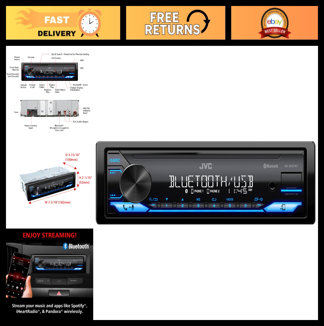 Bluetooth Car Stereo Receiver, 100W Digital Media, USB Charging, Single DIN, AM/