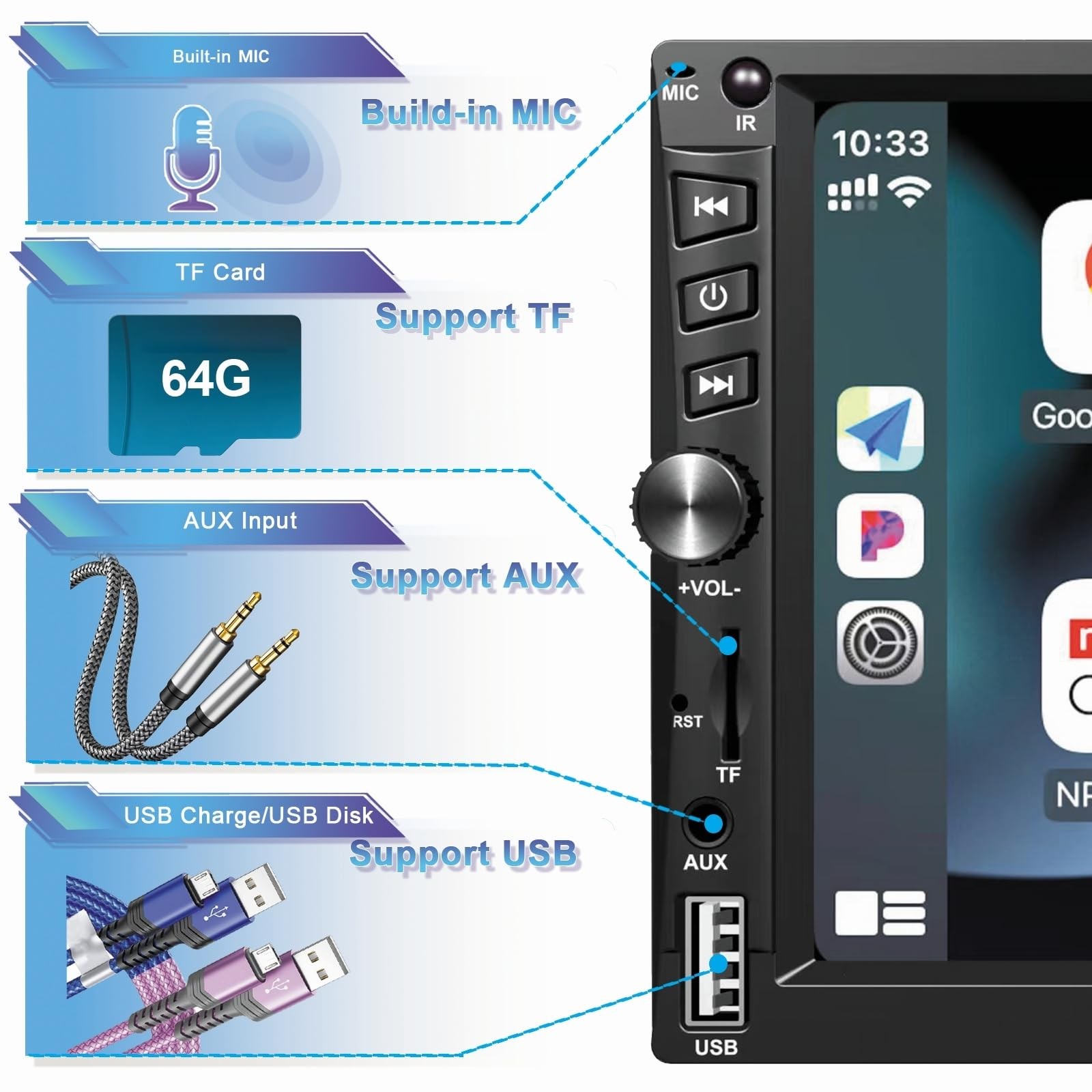 Wireless Double Din Car Stereo Works with Apple Carplay,7 Inch HD 1024 * 600 …