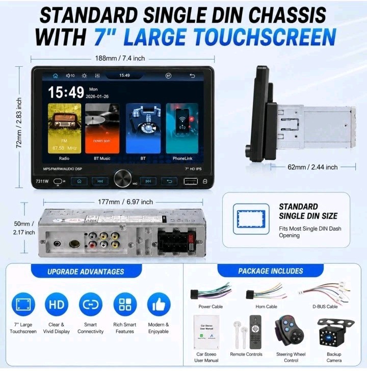 7″ Single 1Din Car Stereo Radio USB BT Wireless Android auto Carplay BT + Camera