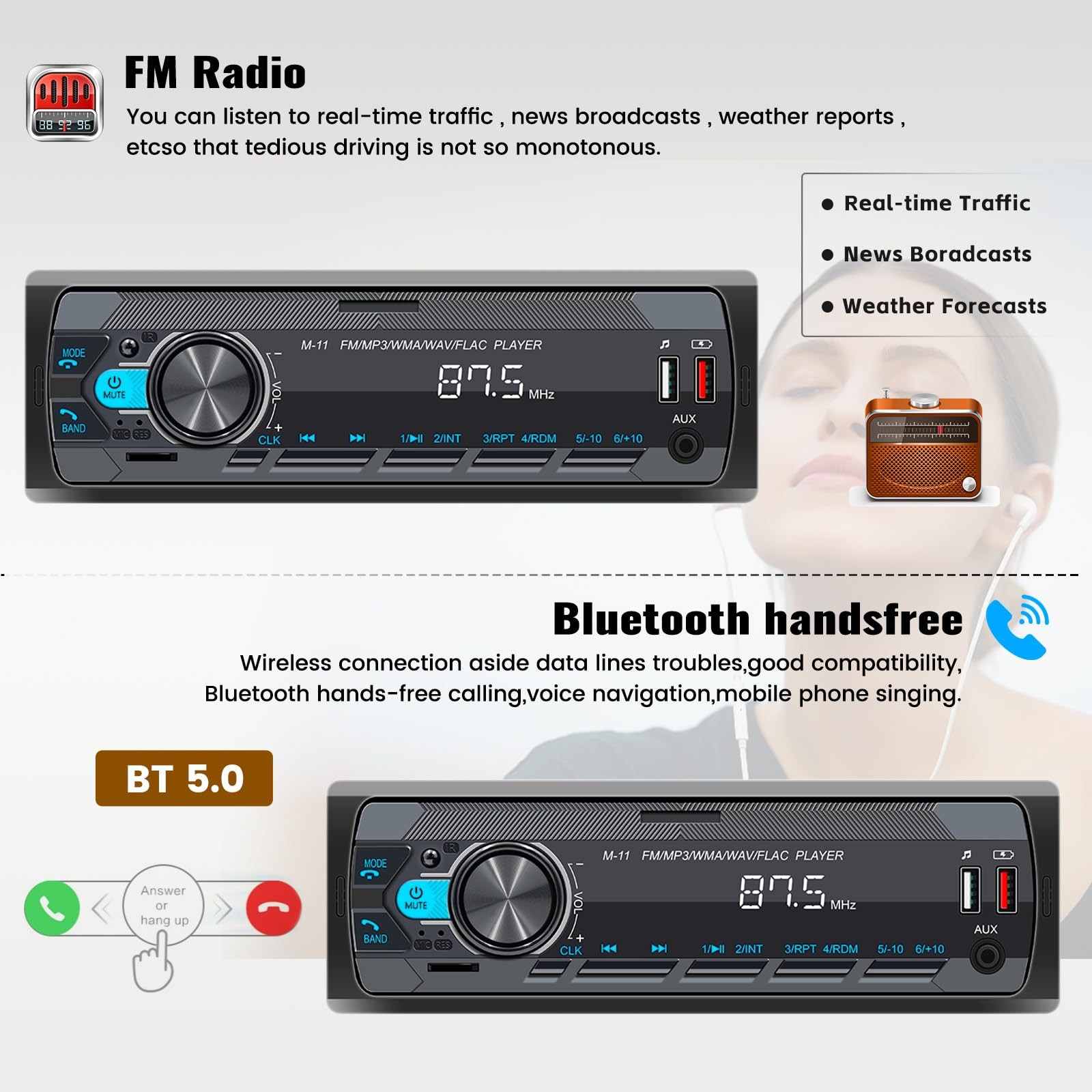 SIXWIN Single Din Car Stereo with Bluetooth 5.0 Hands Free Calling Voice P1