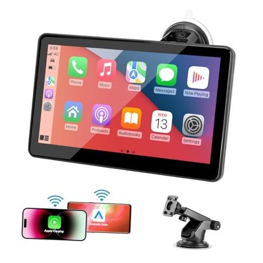 Portable Wireless CarPlay Screen for Car, 7″ HD Touch Screen for Car with 1