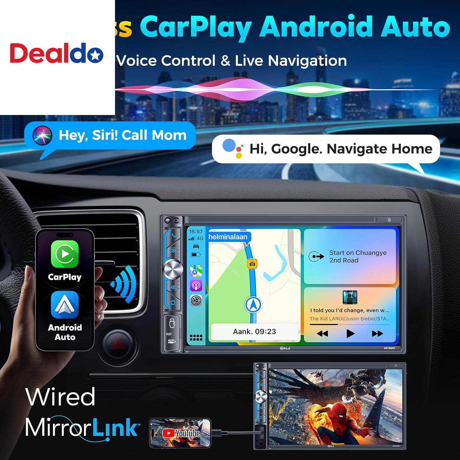 7″ Wireless Double Din Car Stereo Apple Carplay Radio Screen for Car Audio Recei