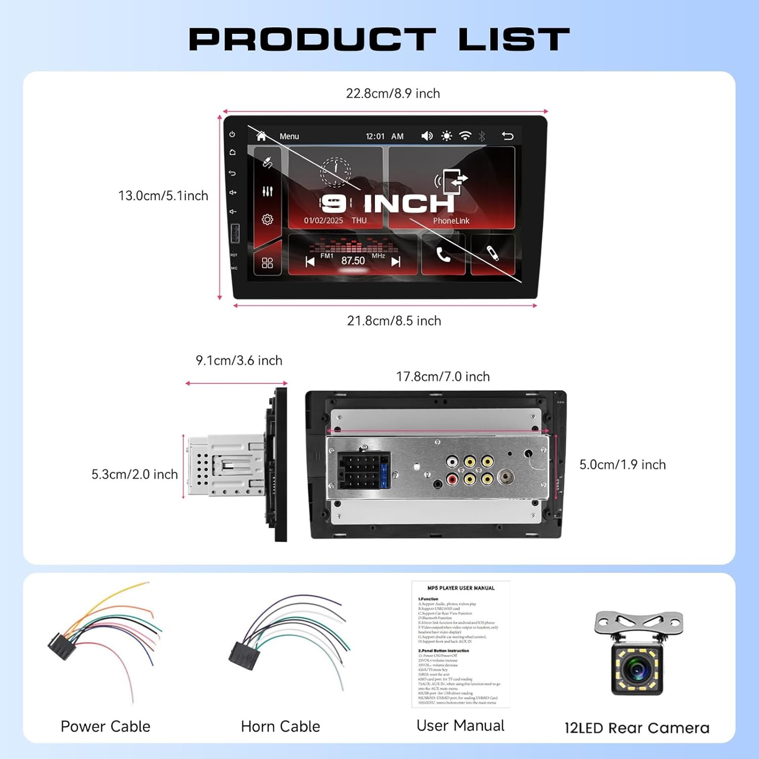 Single Din Car Stereo 9in IPS Touch Screen Wireless Phone Link Bluetooth FM AM X