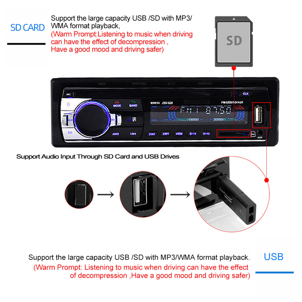 Single 1 Din Car Radio MP3 Player Bluetooth Stereo 12V Head Unit SD/USB/AUX/FM