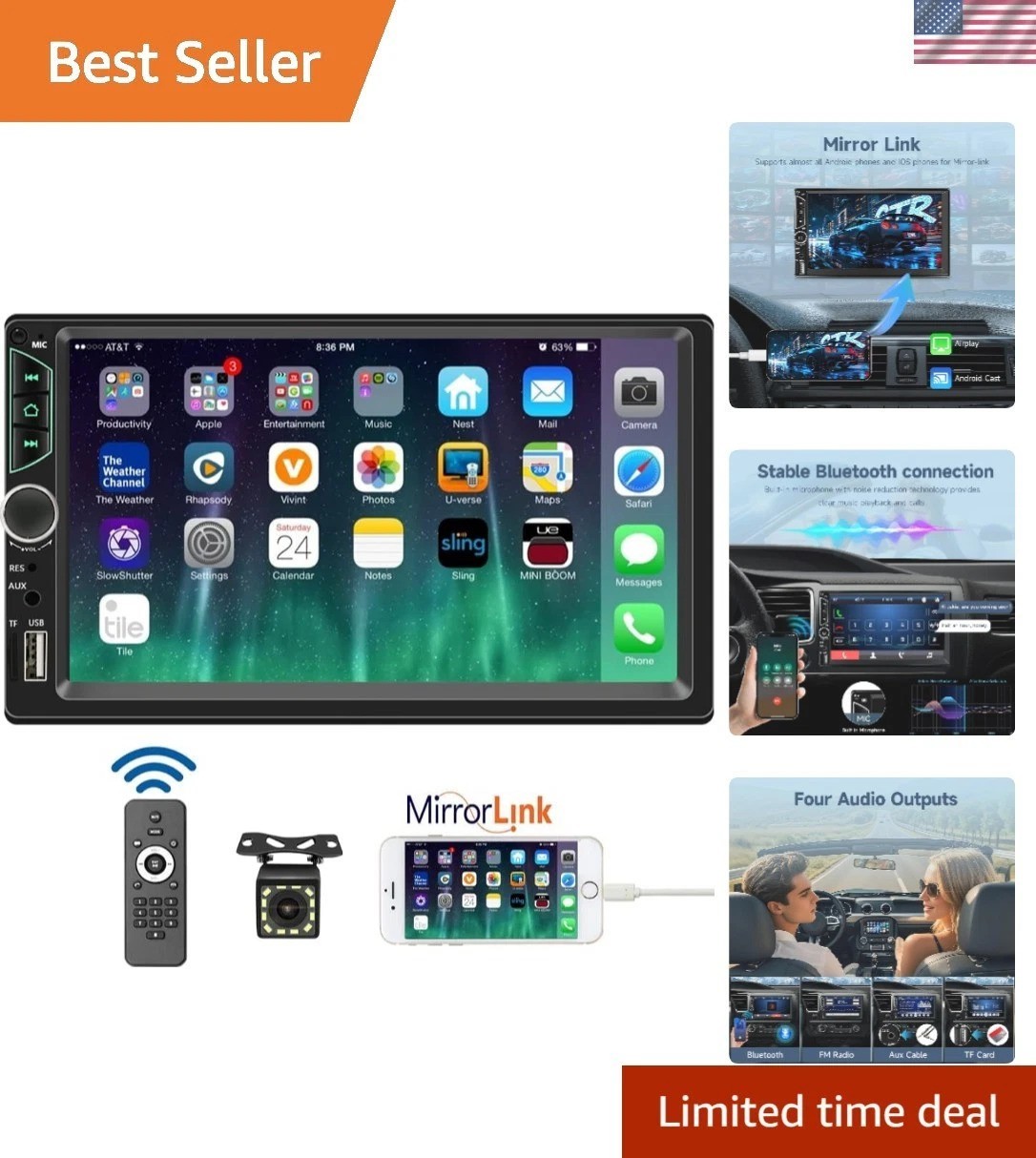 7” Double Din Radio with HD Touchscreen, Bluetooth & Multifunctional Inputs