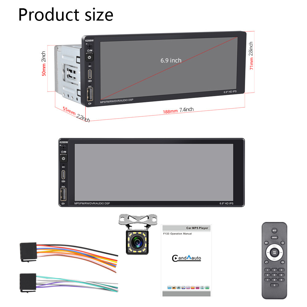 6.9″ 1 Din Car Stereo Radio Android Auto Apple Carplay FM/AM Bluetooth Camera