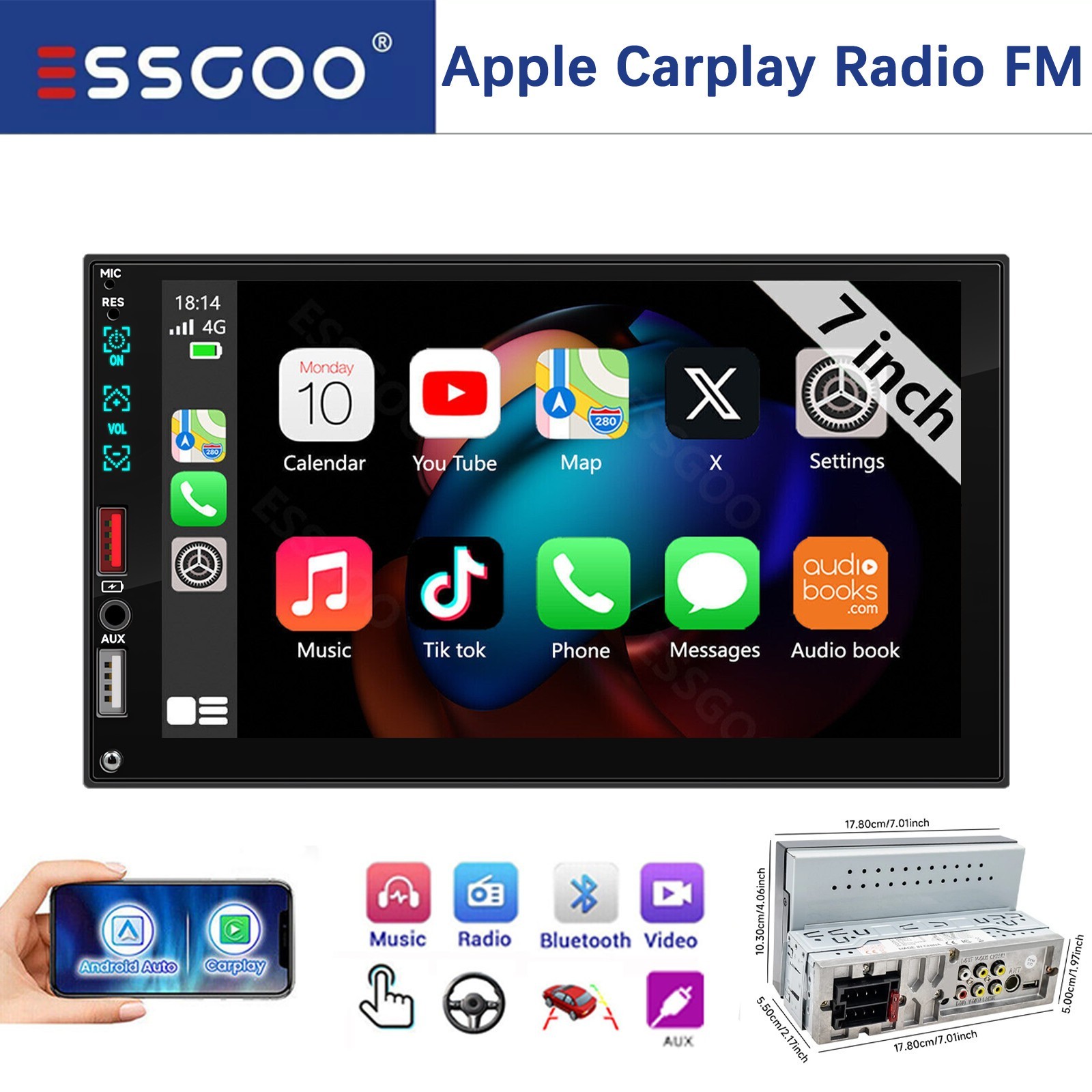 1 Din 7″ Car Stereo Radio Bluetooth with Apple Carplay Touch Screen MP5 Player