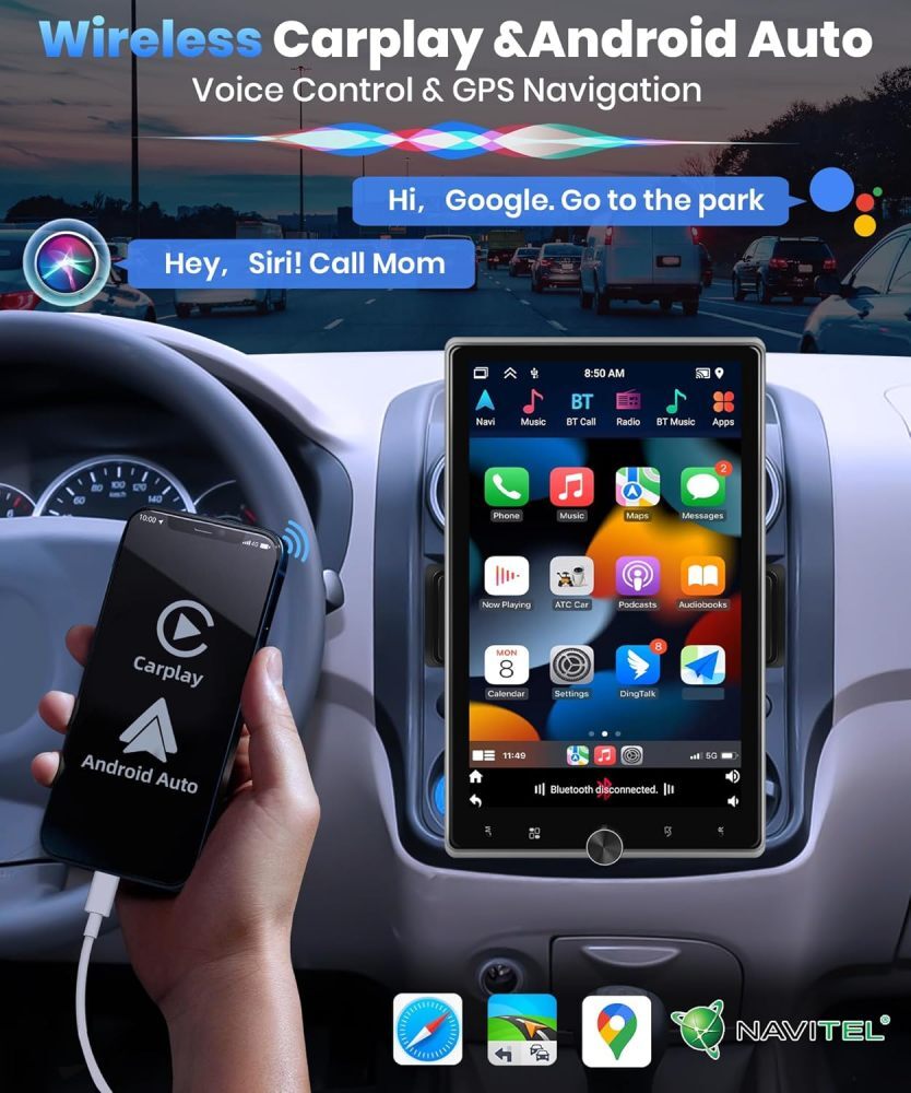 10.4” Android 13 Single 1 Din Apple Carplay Car Stereo Radio GPS WIFI 2G+64GB