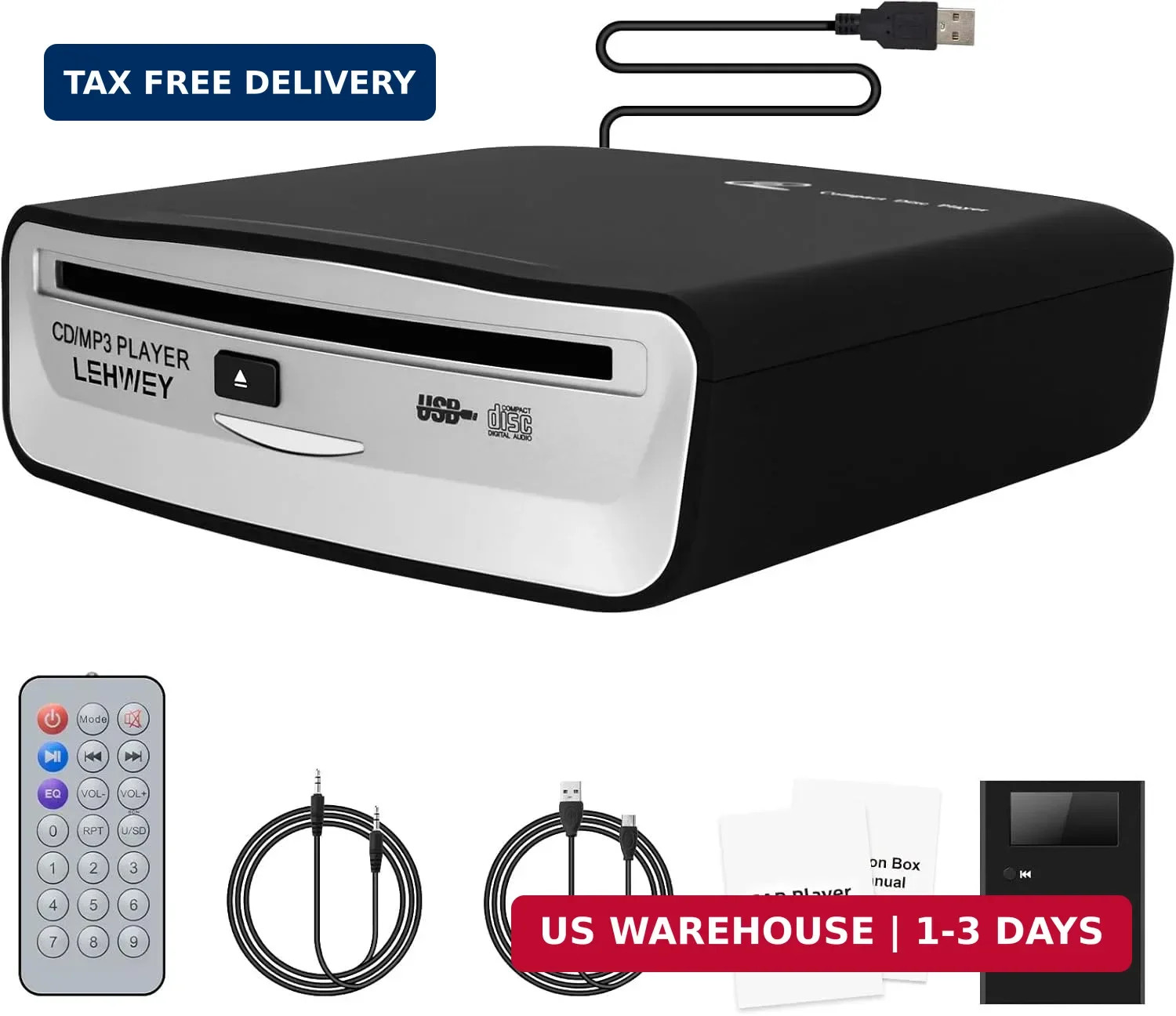 External Universal CD Player for Car – Portable Car CD Players with AUX Cable &