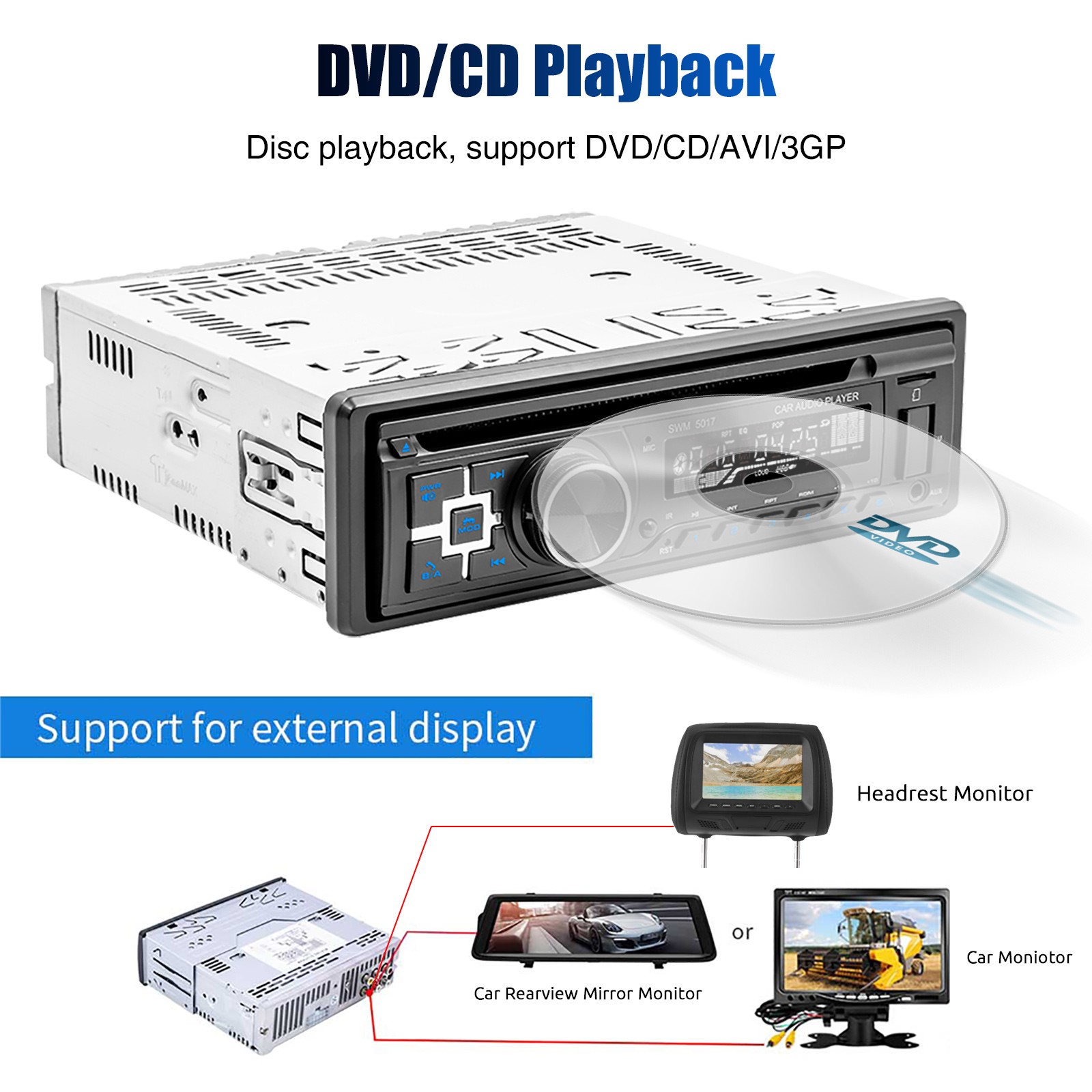 Single Din Car Stereo Radio with CD/DVD Player USB Bluetooth FM AM RDS SD AUX
