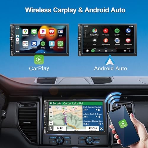 Wireless Double Din Car Stereo Works with Apple Carplay,7 Inch HD 1024 * 600